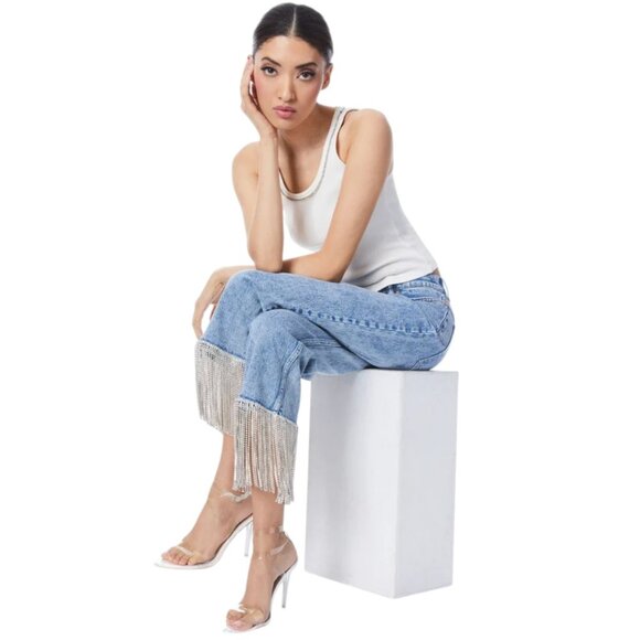 NEW Alice + Olivia Amazing Crystal Fringe Hem Jeans $695 Size 25 NWD